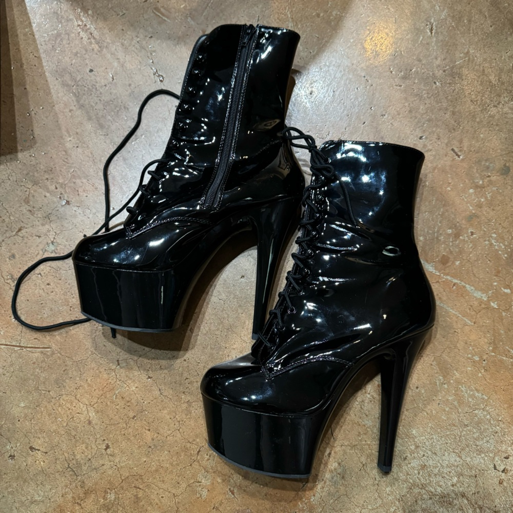 Pleaser Aspire 1020 Lace-Up Ankle Boot shiny black patent 6” stiletto heels BNIB